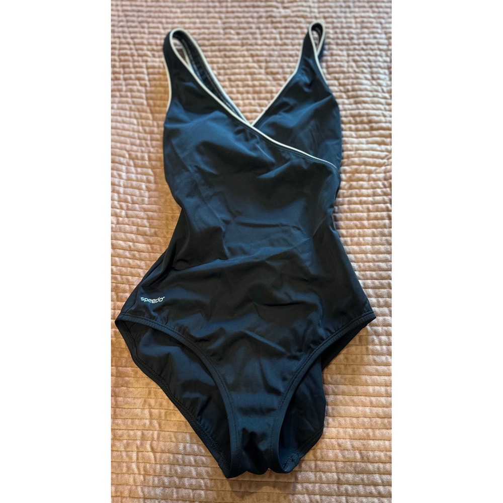 Speedo Womens Black Surplice V-Neck One Piece Swimsuit Keyhole Back Size 10
